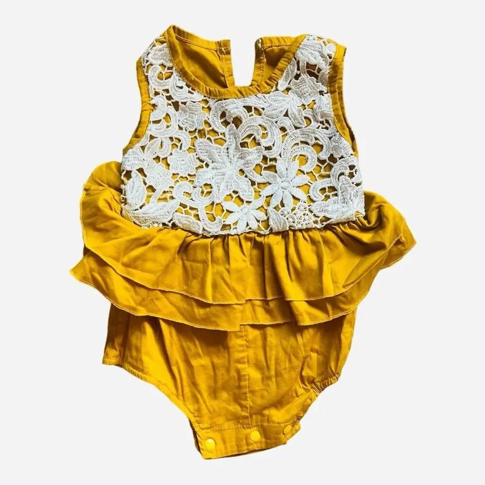 Baby Girls Shein Mustard Crocheted Lace Detail Spring Romper - Sz 12-18 mo
